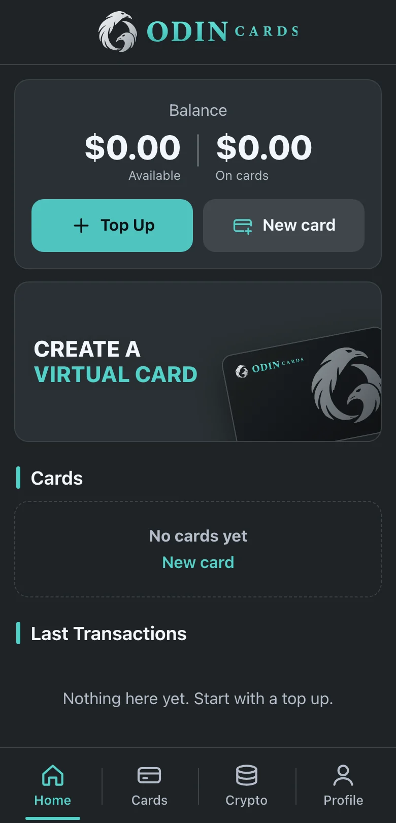 Home screen with balance, Top Up and New card buttons