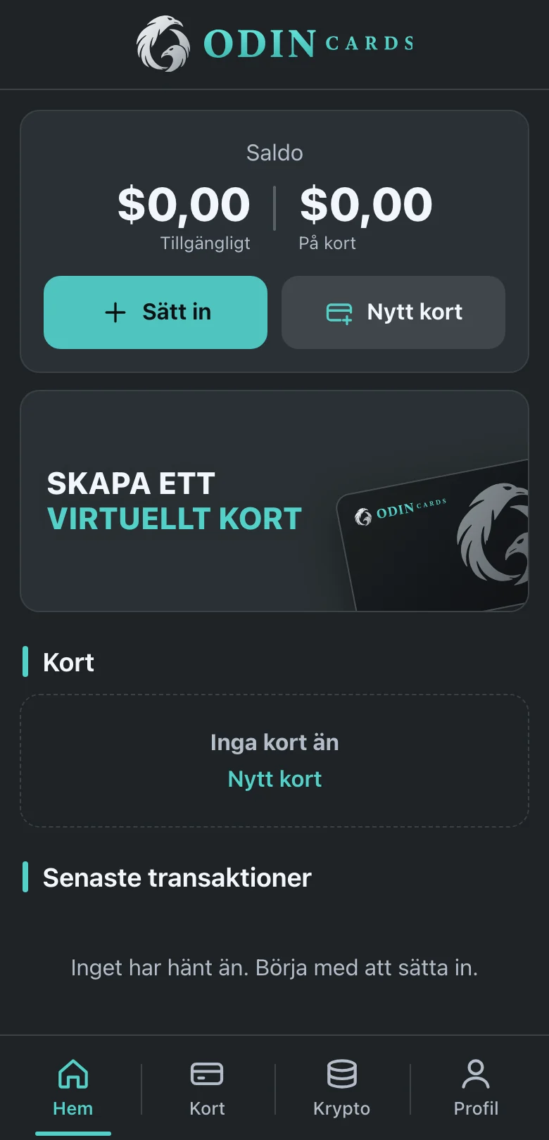 Startsidan med saldo och knapparna Fyll på och Nytt kort