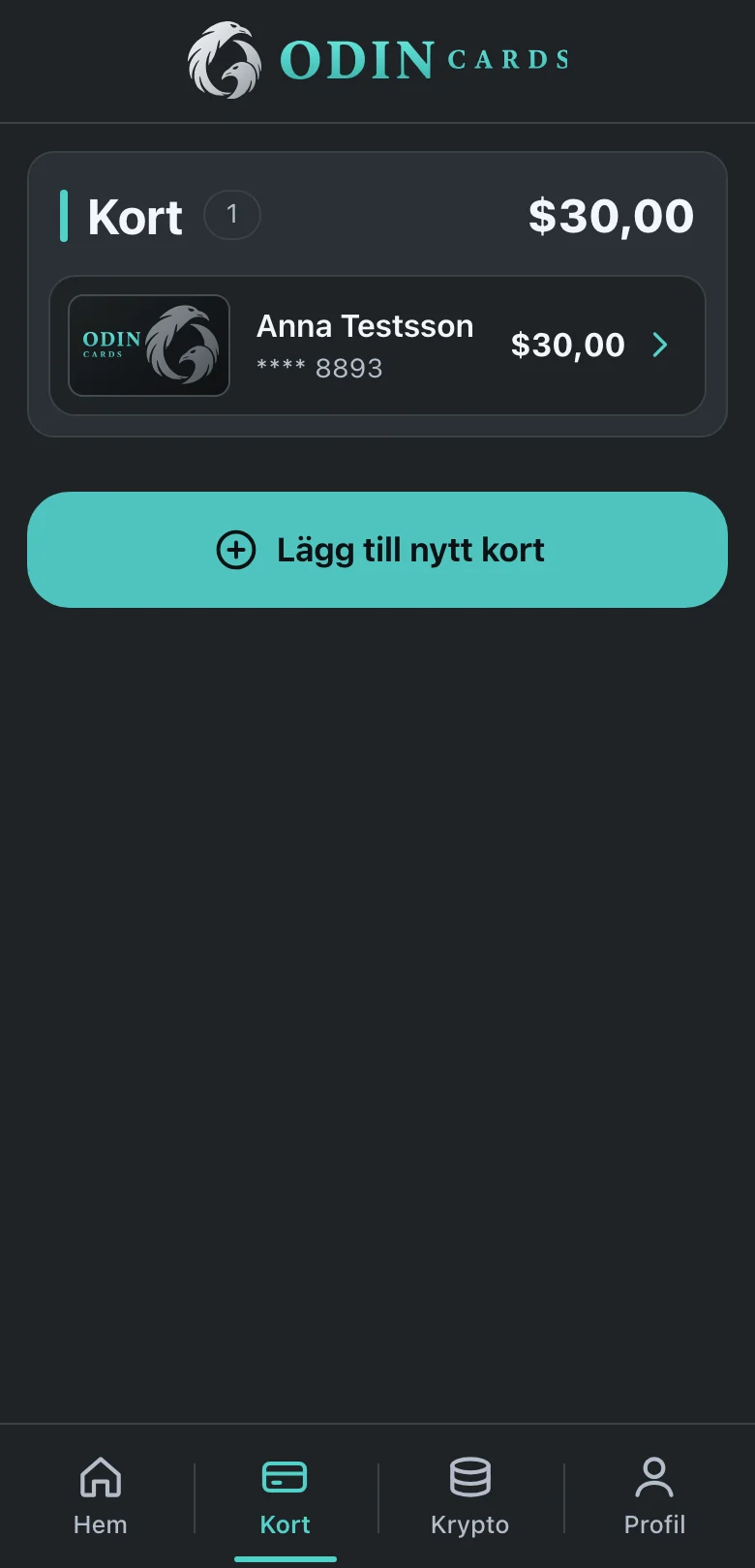 List of your cards with the Add new card button